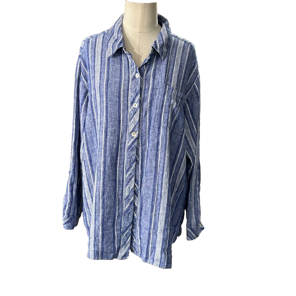 Susan Graver Blue LINEN BLEND Roll Sleeve Blouse Shirt Top Plus Size 1X